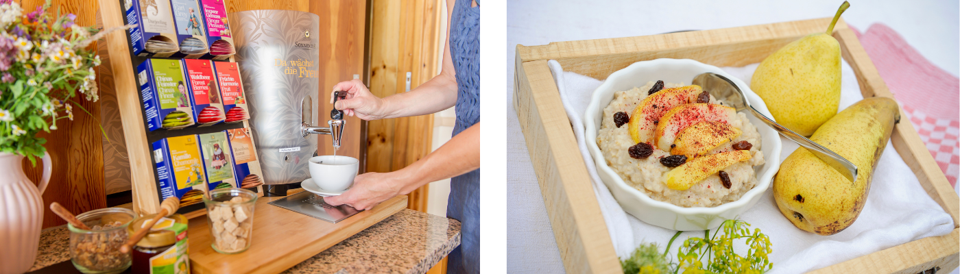 Kollage mit Bio-Tee, frischen Kräutern aus dem Hotelgarten und Porridge beim Frühstück im Hotel Sankt Leonhard, Bad Birnbach