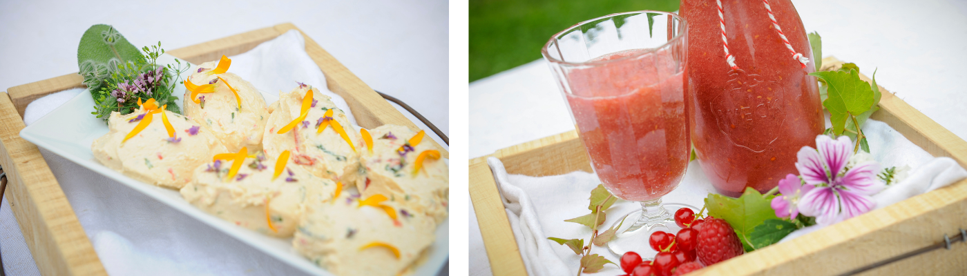 Beerensmoothie und hausgemachter veganer Aufstrich, dekoriert mit Kräuterblüten aus dem Hotelgarten – Frühstück im Hotel Sankt Leonhard, Bad Birnbach