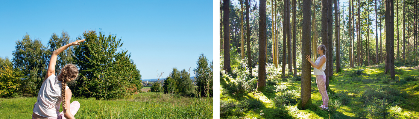 Lena Sommer beim Yoga auf dem Baum-Yoga-Weg in Bad Birnbach – Naturkulisse mit Golfpark, Wald und Kraftort Hügelgräber