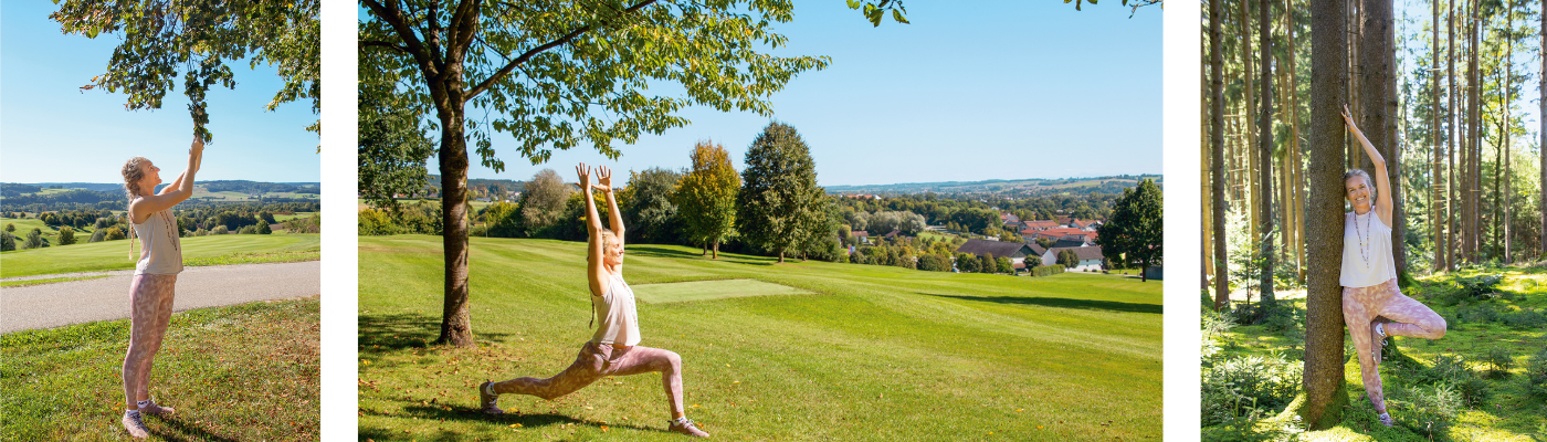 Lena Sommer beim Yoga auf dem Baum-Yoga-Weg in Bad Birnbach – Naturkulisse mit Golfpark, Wald und Kraftort Hügelgräber