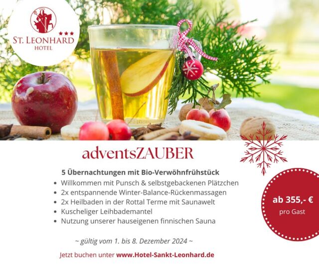 Spaziergänge durch die wunderschöne Natur, romantische Weihnachtsmärkte im Rottal, wohltuende Bahandlungen und Bäder erwärmen Körper, Herz und Seele. ✨💛

Mehr Informationen zu unseren Zimmern und Wohlfühlangeboten findest du unter:

▶️ www.hotel-sankt-leonhard.de

Gerne beraten wir dich auch telefonisch unter der Nummer:

☎️ +49 (0)8563 96070

#badbirnbach #rottalinn #niederbayern #bayern #urlaub #urlaubindeutschland #urlaubinbayern #advent #zauber #adventszauber #weihnachten #winter #winterurlaub #rottalterme #therme #plätzchen #punsch #baden #massage #magnetfeld #tee #genuss #bio #vegan #vegetarisch #heilung #gesundheit #gesund #sauna